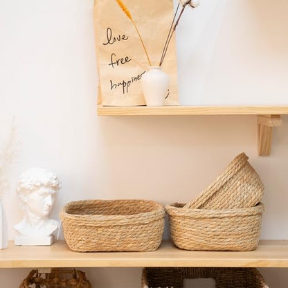 Square Seagrass Storage Baskets Set of 3, Hand Woven Stitched Rolled Edge Baskets, Boho Decorative Woven Baskets for Bathroom Kitchen Living Room Nursery