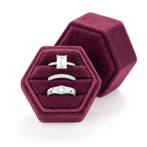 Velvet Jewelry Ring Box, 3 Slots Hexagon Engagement Wedding Ring Holder for Wedding Ceremony Proposal - color: Retro Red
