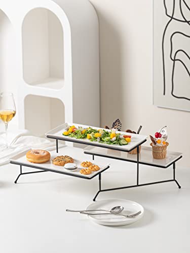Kanwone 2 Tier Serving Stand With White Porcelain Platters, 14.5" x 6" Tiered Tray for Entertaining Party, Dessert Stand With Black Metal Base - style: Style2