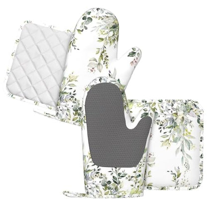 Sage Green Eucalyptus Oven Mitts and Pot Holders Set, 4pcs Silicone Watercolor Butterfly Leaves Oven Glove for Kitchen Heat Resistant Oven Mitts and Potholders Non-Slip for Cooking - color: Sage Green