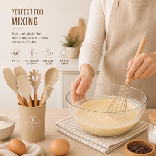Caboh Silicone Kitchen Utensil Set 12 PCS – Heat Resistant Cooking Tools with Spatula, Serving Spoon, Tongs, Whisk & Holder, Nonstick Safe BPA-Free Kitchen Accessories Set (Khaki) - color: Khaki