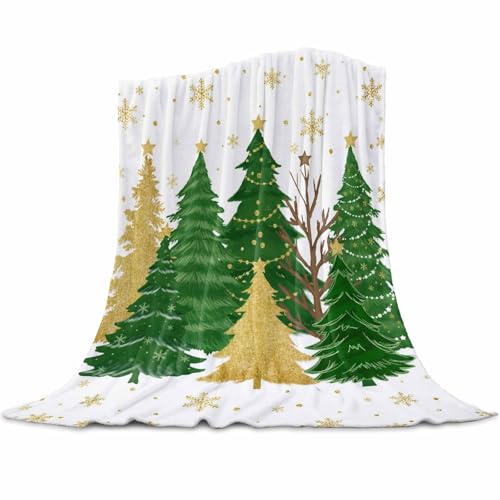 Christmas Tree Throw Blanket, Snowflakes Winter Xmas Super Soft Warm Flannel Blankets for Bed Couch Sofa Green Gold Tree Stars Lightweight Fluffy Plush Bed Throws 50x60 Inch - color: Green White, size: 50''x60''