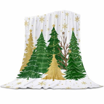 Christmas Tree Throw Blanket, Snowflakes Winter Xmas Super Soft Warm Flannel Blankets for Bed Couch Sofa Green Gold Tree Stars Lightweight Fluffy Plush Bed Throws 50x60 Inch - color: Green White, size: 50''x60''