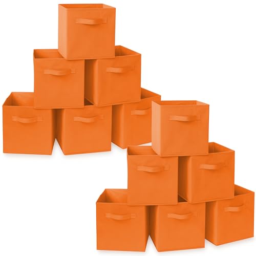 Casafield Set of 12 Collapsible Fabric Cube Storage Bins, Orange - 11" Foldable Cloth Baskets for Shelves, Cubby Organizers & More - color: Orange, size: 10.5" x 10.5" x 11"