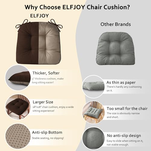 ELFJOY Dining Chair Cushions Set of 2 Non Slip 18"X18"X3" Brown | Thick,Textured Fabric, with Ties, Tufted, Large, for Kitchen, Dining Room, Indoor, Bedroom, Living Room, Office, Comfortable - color: Brown