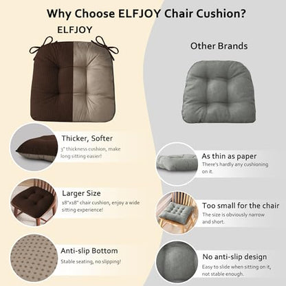 ELFJOY Dining Chair Cushions Set of 2 Non Slip 18"X18"X3" Brown | Thick,Textured Fabric, with Ties, Tufted, Large, for Kitchen, Dining Room, Indoor, Bedroom, Living Room, Office, Comfortable - color: Brown