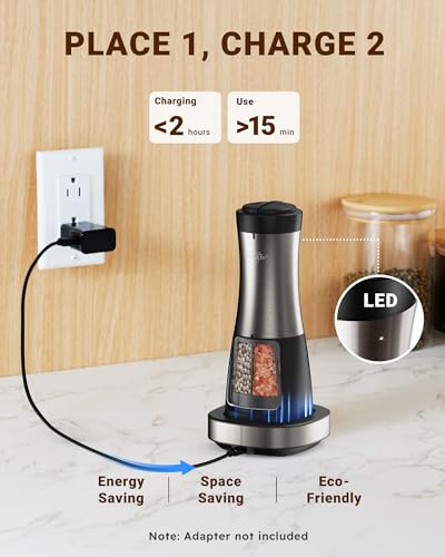 Sangcon 2-in-1 Rechargeable Salt and Pepper Grinder, USB-C Charging Base, One-Handed Automatic Grinder with Adjustable Coarseness & Light, Dual-Chamber Refillable Mill, Housewarming Gifts for Cooks - color: Gunmetal Plus