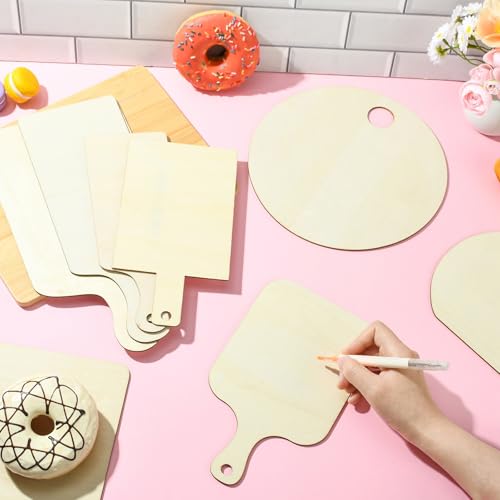 10 pcs 10 Styles Wooden Mini Cutting Board with Handle Unfinished Rectangle Round Wooden Craft Paddle Boards for DIY Home Kitchen Fruit Decor