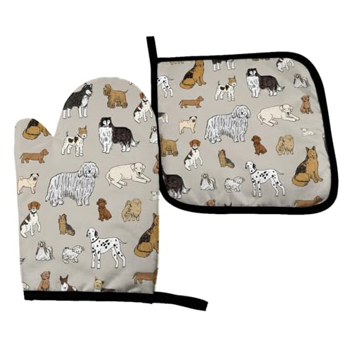 Perinsto Cute Dogs Animals Beige Oven Mitts & Pot Holders Kitchen Set Heat Resistant Decorative Cooking Gloves Microwave Oven Gloves for Baking Grilling BBQ - color: Dogs Beige, size: Set of 2