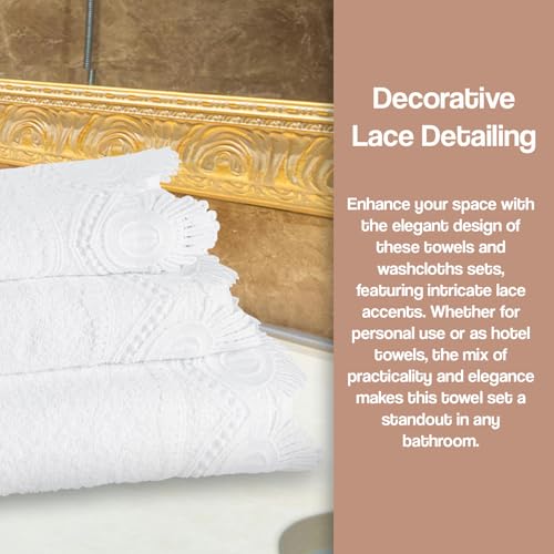 Zahari Home 3 Piece Laced Towel Set - Stylish Soft Plush Cotton Towels with Hand Towel & Washcloth - Highly Absorbent Towels for Bathroom, Gym, Hotel & Spa (Crochet White) - color: Crochet-white