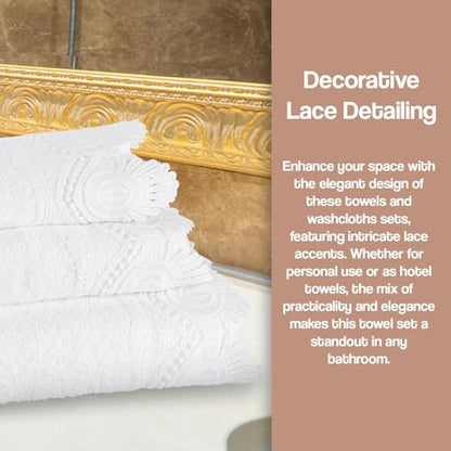 Zahari Home 3 Piece Laced Towel Set - Stylish Soft Plush Cotton Towels with Hand Towel & Washcloth - Highly Absorbent Towels for Bathroom, Gym, Hotel & Spa (Crochet White) - color: Crochet-white