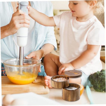 Salt Box with Swivel Lid & Spoon Double-Layer Wooden Salt Box with Lid Compact Stylish Cella with Magnetic Rotating for Spices & Seasonings