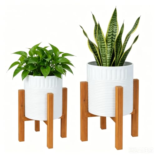 2-Piece White Metal Planter Set with Wood Stand, Indoor Mid Century Modern Planters with Drainage, 8" & 10" | Planter with Drainage Hole, Elevated Wooden Holder, Indoor Home Decor for Snake Plants, Pothos and Large Houseplants