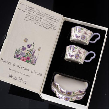 Ceramic Tea Cup and Saucer Set with Butterfly Floral Design, Purple, for Home and Office Use, Poetry & Distant Places Collection, 2-Cup Set with Gift Box