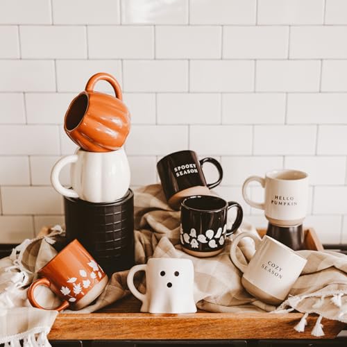Sweet Water Decor White Ghosts Black Halloween Mugs, 14 oz - Halloween Coffee Mug Dishwasher & Microwave Safe - Fall Mug for Coffee & Hot Cocoa or Seasonal Brew - Black Stoneware Ghost Mugs - style: White Ghosts