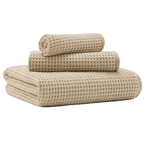 MICROFI Microfiber Waffle Bath Towels, 3 Pieces, Oversized, Soft, Absorbent, Fast Drying, Lint Free, Includes Bath, Face and Hand Towels 430 GSM - color: Beige