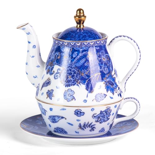 KAMMAK Tea for One Set, Ceramic Teapot, Bone China Tea Set, Cup and Saucer | Blue and White, Porcelain Stackable Tea Pot Set with Golden Trim for Coffee and Cappuccino, Ideal for Afternoon Tea and Gifts - color: Navy Blue-XY5