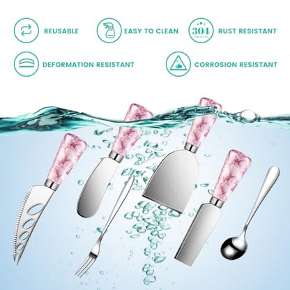 Marble Pink Cheese Knife Set, Ceramic Handle Charcuterie Board Accessories Butter Spreader Knife Slicer With Serving Tongs, Spoons, Forks, Flags, Wooden Honey Dipper - color: Marble Pink