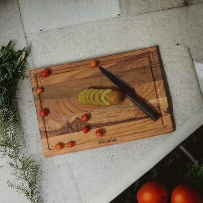 Vesta Homes Wooden Edge Grain Cutting Board/Chopping, Serving Board/Block for Vegetables, Fruits, Cheese and Charcuterie | Natural Acacia Wood | 15 * 10 * 1 Inches | Handcrafted in India - size: 15"L x 10"W