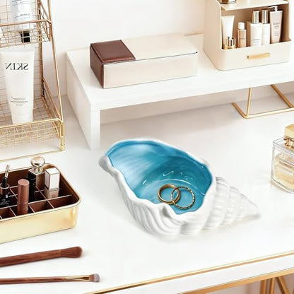 Conch Shell Ceramic Jewelry Tray, Blue White Ring Holder Dish, Decorative Trinket Dish for Rings Earrings Necklaces Bracelet Keys - style: Conch