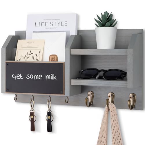 Lwenki Mail and Key Holder – Wall Mount Key Hanger with Shelf and 7 Metal Hooks – Decorative Natural Paulownia Wood Entryway Organizer with Mounting Hardware (16.5”W x 8.7”H x 3.5”D) (Gray) - color: Gray