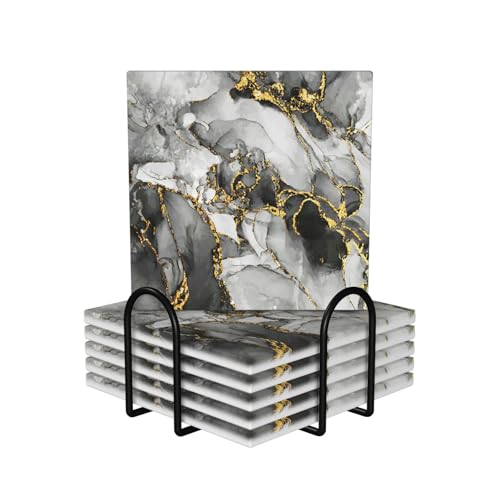 Grey Black Gray Marble Square Ceramic Coasters Set of 6 Pack, Luxury Brown Black Ombre Gold Ink Stone Drink Coaster with Cup Holder Anti-Scratc Cork Backing Bar Kitchen Home Housewarming Gift - color: Brown Black Gray Marble, size: Square