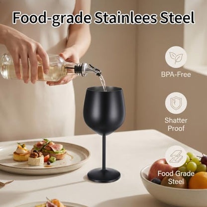 Stainless Steel Wine Glasses Set of 2, 18 oz Unbreakable Black Matte Wine Glass Stemmed Metal Wine Goblets for Outdoor Camping Pool Wedding Party Gift for Wine Lovers