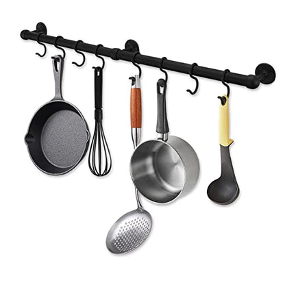 ROTHLEY Hanging Pot Rack Hanger: 23.7 Inch Stainless Steel Pot and Pan Hanger Pot Rack Wall Mounted Hanging Pots and Pans Rack Pot Hangers for Kitchen Wall Kitchen Rail with Hooks（Matt Black） - color: Matte Black, size: 23.7 inch