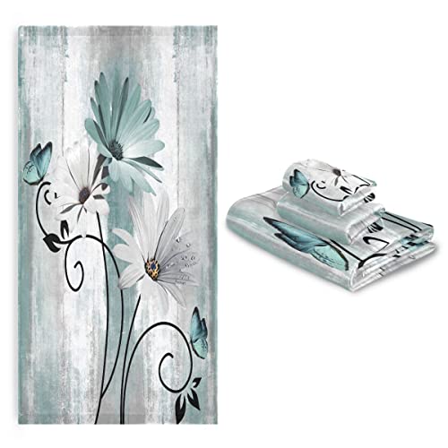 Bath Towels Set Farm Teal Daisy Floral Flowers Butterfly on Country Wooden 3 Piece Towel Set(1 Luxury Bath Towel 1 Hand Towel 1 Washcloth) Soft Absorbent Decorative Bathroom Kitchen Towels