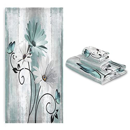 Bath Towels Set Farm Teal Daisy Floral Flowers Butterfly on Country Wooden 3 Piece Towel Set(1 Luxury Bath Towel 1 Hand Towel 1 Washcloth) Soft Absorbent Decorative Bathroom Kitchen Towels