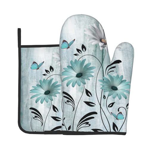 Giwawa Daisy Floral Oven Mitts and Pot Holder Set of 2 Teal White Flower Heat Resistant Kitchen Mitts Potholders Washable for Cooking Grilling BBQ - color: Daisy Floral