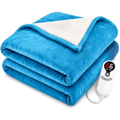 Electric Heated Blanket, Twin 62 x 84 in, Sea Breeze Blue | 6 heat settings | 1-10-hour timer | Flannel and Sherpa| dual-sided comfort | machine washable | ETL certified - color: C-bright Blue, size: 62x84inches-Twin