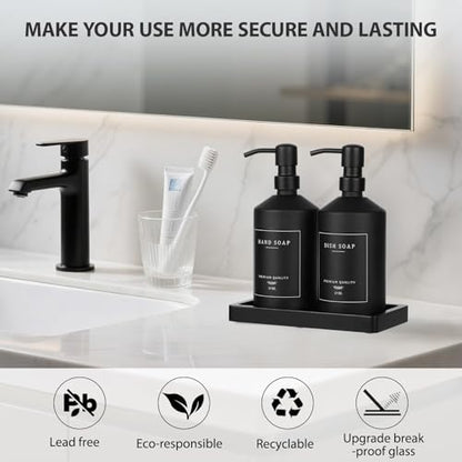 Matte Black Soap Dispenser Set, 17 OZ Hand and Dish Soap Dispenser Set, Bathroom Refillable Soap and Lotion Dispenser Set with Stainless Pump, Modern Liquid Soap Bottle Set(Black Bottle/Black Pump) - color: Black Bottle + Black Pump