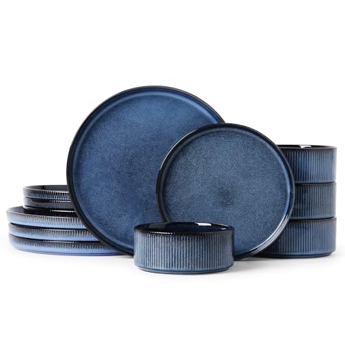 12PCS Ceramic Dinnerware Set for 4,Stoneware Plates and Bowls Sets | Reactive Glaze Dish Set,Scratch Resistant Tableware Set,Reactive Glaze,Microwave & Dishwasher Safe,Dark Blue - color: Dark Blue, size: Service for 4（12PCS）