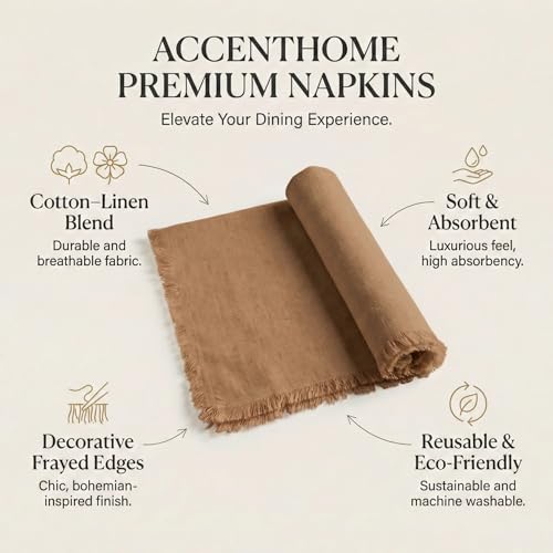 ACCENTHOME Brown Cotton Linen Napkin Set of 6 18x18 inch Dinner Napkins - Washable Soft Premium Hotel Quality Reusable Napkins Perfect Table Napkins for Family Dinners, Weddings & Everyday Use | Cotton Linen Blend Napkins, Machine Wash On Gentle Cycle, Ec