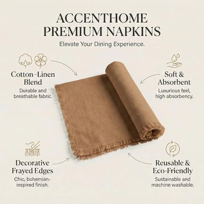 ACCENTHOME Brown Cotton Linen Napkin Set of 6 18x18 inch Dinner Napkins - Washable Soft Premium Hotel Quality Reusable Napkins Perfect Table Napkins for Family Dinners, Weddings & Everyday Use | Cotton Linen Blend Napkins, Machine Wash On Gentle Cycle, Ec