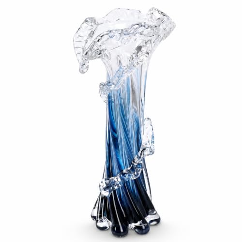 12" H Blue Blown Glass Vase, Modern Art Hand Blown Coastal Vase,Beautiful Unique Ocean Wave Centerpieces for Living Room, Bedroom, Office Desktop,Coffee Table and Wedding Decorative (L) - color: Blue White, size: Large