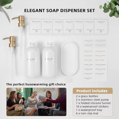Soap Dispenser Bathroom - Dish and Hand Soap Dispenser Set, Glass Soap Lotion Dispenser with Pump for Kitchen with Tray, Waterproof Labels, 2 Lotion White Bottle/Gold Pump N - color: White Bottle/Gold Pump N+ Tray + Funnel