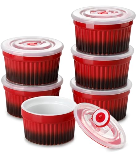 vancasso 6 oz Ramekins with Lid, Porcelain Creme Brulee Souffle Dishes, Red Pudding Custard Cups Ramiken for Baking, Dishwasher and Oven Safe, Set of 6 - color: Red, size: 6 oz