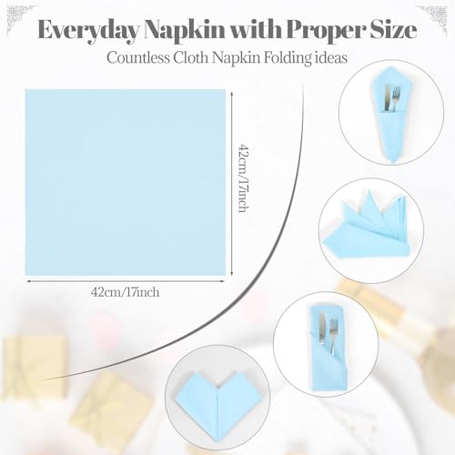 PLOYMONO Baby Blue Cloth Napkins - 8 Pack 17"x17" Polyester Dinner Napkins | Heavy Duty 180 GSM Cloth Napkins with Hemmed Edges - Great for Restaurants, Weddings, Parties, Banquets Dinner - color: Baby Blue