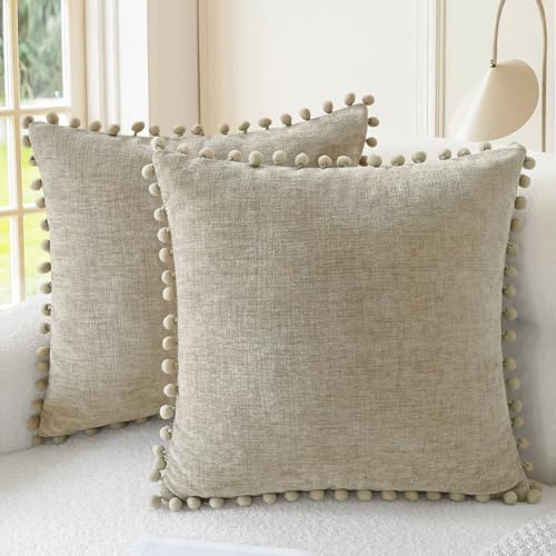 CaliTime Decorative Couch Throw Pillow Covers 16 X 16 Inches Taupe | Pack of 2, Cozy Chenille Cushion Cases, with Pom Poms for Sofa Bed Living Room Farmhouse Home - color: Light Taupe, size: 16" x 16" (Pack of 2)