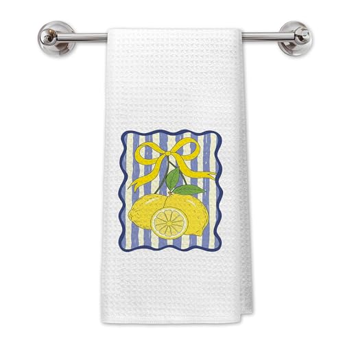 Blue Striped Coquette Bow Lemon Kitchen Towels, Retro Trendy Ribbon Lemon Dish Tea Towels for Kitchen Decor, Preppy Bow Fruit Hand Towels for Bathroom Decor, 16x24 Inch - color: Bow Lemon Towels