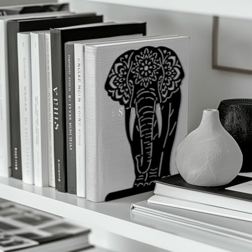 5.3"x4.3"x7.9" Metal Bookends, Heavy Duty Book Ends for Shelves | Mandala Elephant Theme Cast Iron Book Supports, 1 Pair Decor Stoppers for Desk, Library, Office & Home Shelves - style: Mandala Elephant