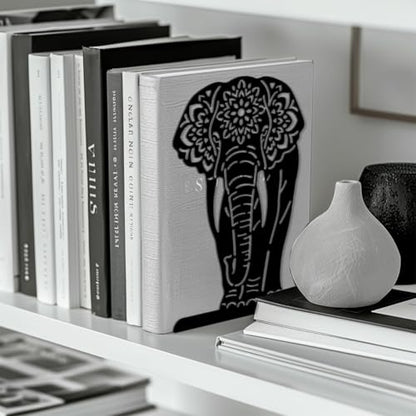 5.3"x4.3"x7.9" Metal Bookends, Heavy Duty Book Ends for Shelves | Mandala Elephant Theme Cast Iron Book Supports, 1 Pair Decor Stoppers for Desk, Library, Office & Home Shelves - style: Mandala Elephant