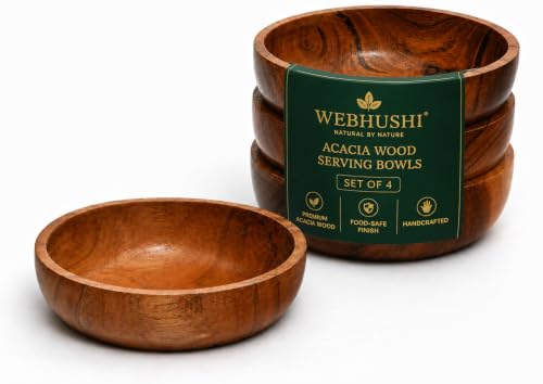 Acacia Wood Bowls - 4.75-inch Brown Wooden Bowls, 400 cubic cm (0.40 liters) Each, Set of 4 - size: 4 Bowls of 4.75-Inch (0.40 Liters)