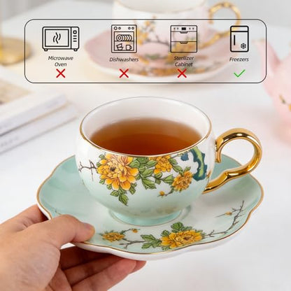 KAMMAK Tea Cups and Saucers Set of 2, Porcelain Coffee Cups, NX039 | Gold Rim, Stackable Espresso Mugs, Ceramic Demitasse for Coffee, Latte, Americano, Afternoon Tea, Elegant Gift for Women - size: 8CZNX039+40
