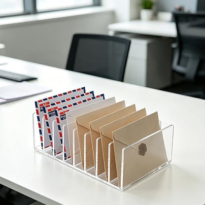 8 Compartments Clear Acrylic Mail Holder – Vertical Letter Sorter & Multifunction Desk Organizer for Bills, Documents, Notebooks – Modern Office/Home Envelope File Rack - size: 8 Compartments