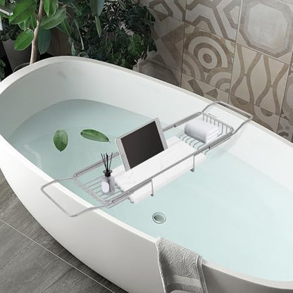 Expandable Stainless Steel Bathtub Caddy Tray, Adjustable Over Tub Rack Marble Board Anti-Slip Groove Raised Guardrail Modern Bath Organizer for Home Hotel Bathroom Use (Silver+White) - color: Silver+white