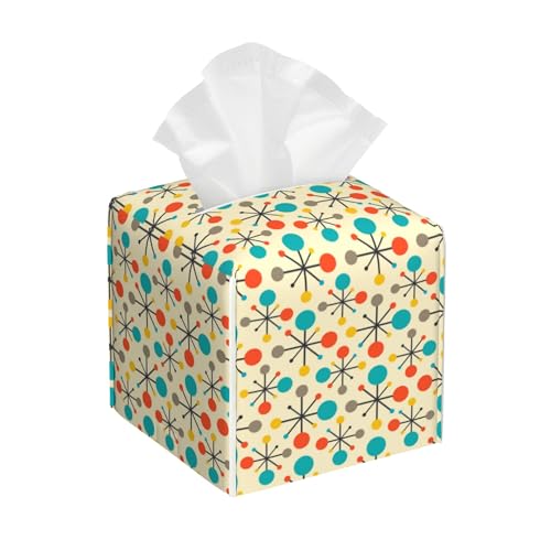 Mid Century Modern Atomic Tissue Box Cover Square, Retro Tissue Box Holder with Bottom Belt Leather Facial Paper Organizer Dispenser for Bathroom Bedroom Dresser Night Stand Tabletop - color: Mid Century Modern Atomic