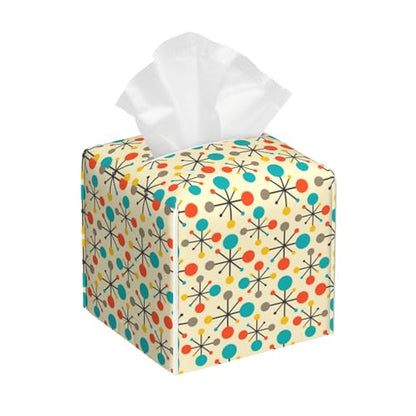 Mid Century Modern Atomic Tissue Box Cover Square, Retro Tissue Box Holder with Bottom Belt Leather Facial Paper Organizer Dispenser for Bathroom Bedroom Dresser Night Stand Tabletop - color: Mid Century Modern Atomic